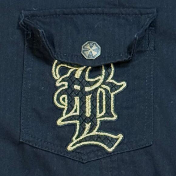 Blac Label 68 Shacket Mens Black Gold Embroidered Skulls Iron Cross Shirt ~XL - Picture 4 of 9